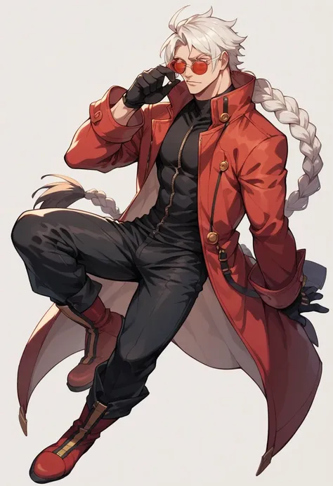 Blazblue ,human Male  ,Round red Sunglasses  , white hair,long braided ,zip Red Coat  , Black shirt ,Full body ,boots , Black Pants , ((Best design Character)) ,pose , Black Gloves 