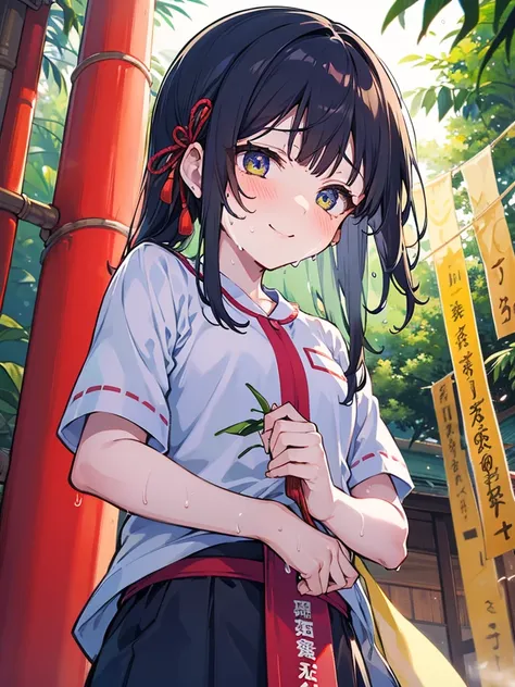 1girl, from below, smile, pretty, black hair, cowboy shot, (buruma:1.2),   Bamboo leaf, Tanabata, milky way, Strip, Blunt bangs, (VEGA), (Sweaty:1.6)