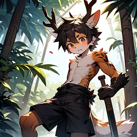 Shonen Shota，antlers，hairy，Deer tail，Brown and black hair，Topless，Wearing shorts，Jungle Background，A wooden sword on the waist，individual，Blood on the body，Combat Status，Serious expression