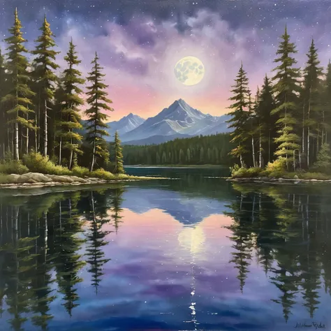 a realistic painting of a moonlit lake with detailed reflections of trees and a natural color palette