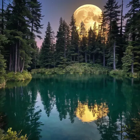 a baroque style moonlit lake with dramatic contrasts of light and shadow, rich colors, and ornate details