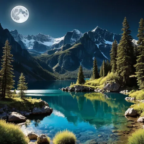 a baroque style moonlit lake with dramatic contrasts of light and shadow, rich colors, and ornate details