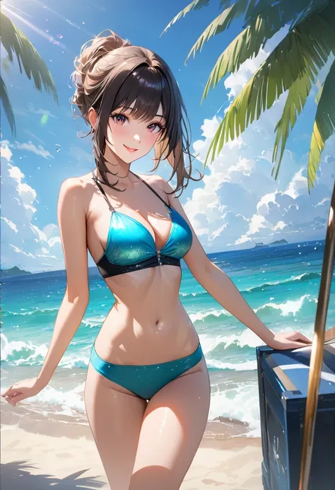 Sparkling sea and tropical ocean, A clear sky with fluffy white clouds, Palm trees along the coast, Blur the background,Pleasant sea breeze,Young woman with dark hair, Swimwear,smile,Glitter effect,Highest quality, 4K, 8K, High resolution, masterpiece:1.2,...