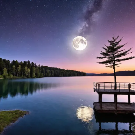 A Neo-Romantic depiction of a moonlit lake with a focus on emotional intensity and dramatic scenery.