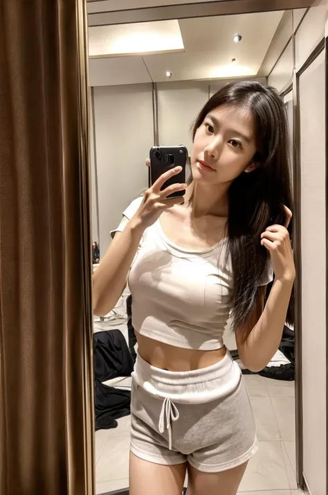 Selfie photos，Mobile phone mirror selfie，indoor，Inside the room，A beautiful beautiful Asian woman，Realistic fair skin color，156 cm，46KG,34C cupz Her long hair is loose and lazy，Wearing a close-fitting white low-cut short-sleeved top，black shorts:1.2，