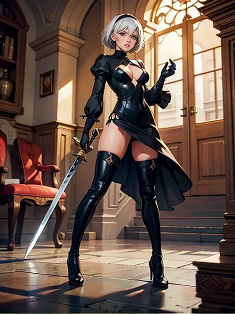 2b, One girl, alone, short hair, Knee socks, gloves, Long sleeve, dress, Holding, Cleavage, Medium chest, Are standing, whole body, Gray Hair, 
hair band, boots, Puffy sleeves, sword, black Knee socks, Black footwear, Mole, black dress, High heels, leotard...