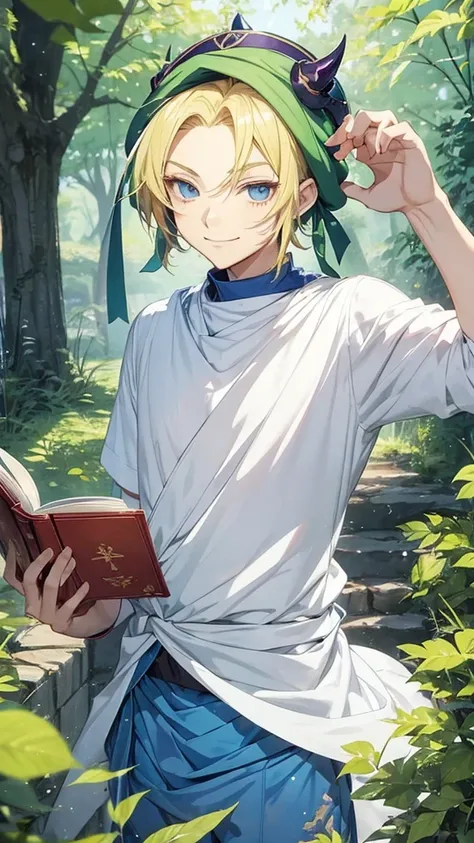 Anime boy with a book in his hand and wearing a hat, Handsome blond-haired man in demon-slaying art, green turban ,smile at the corner of the mouth , แฟนอาร์ต Demon Slayer Rui, official art, Delicate Androgynous Prince, Tall anime guy with blue eyes., Demo...