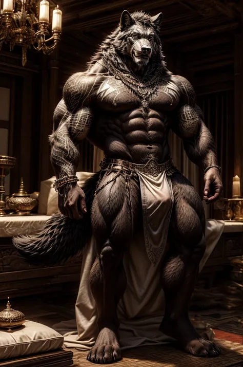 male, semen, black wolf, (furry body,) black body, high quality, realistic, muscular, massive, shrine, sacred, white tattoo, furry, masterpiece, (full nude, Stick out penis., Luxurious loincloth, Luxury accessories, erection under cloth,) divine, 