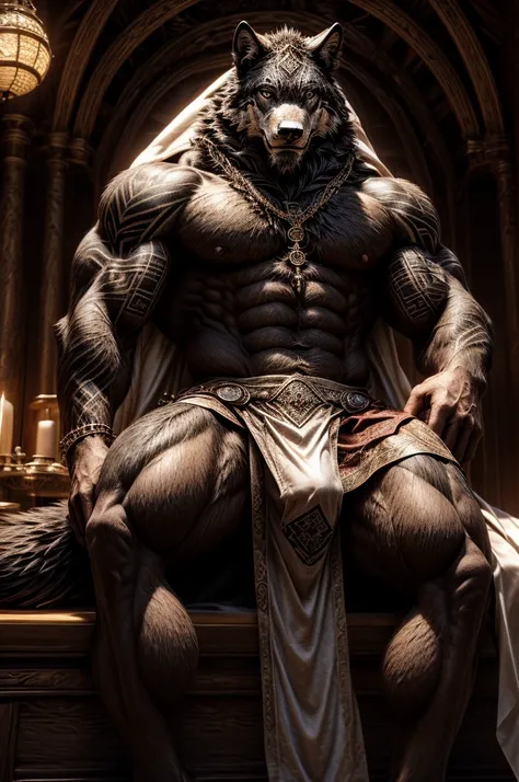 male, semen, black wolf, (furry body,) black body, high quality, realistic, muscular, massive, shrine, sacred, white tattoo, furry, masterpiece, (full nude, Stick out penis., Luxurious loincloth, Luxury accessories, erection under cloth,) divine, 