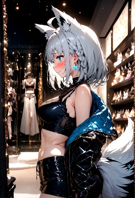 NSFW,masterpiece,Highest quality,High resolution,Super detailed,Shirakami Fubuki(Hololive),Gray Hair、One-sided braid、Ahoge、Earrings,Fox ears,Fox tail,Jacket,Crop top shirt,Shorts,Embarrassed,blush,Expecting face,Seduce,smile,Lingerie Shop,Underwear section...