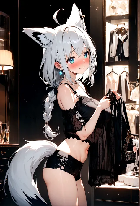 NSFW,masterpiece,Highest quality,High resolution,Super detailed,Shirakami Fubuki(Hololive),Gray Hair、One-sided braid、Ahoge、Earrings,Fox ears,Fox tail,Jacket,Crop top shirt,Shorts,Embarrassed,blush,Expecting face,Seduce,smile,Lingerie Shop,Underwear section...