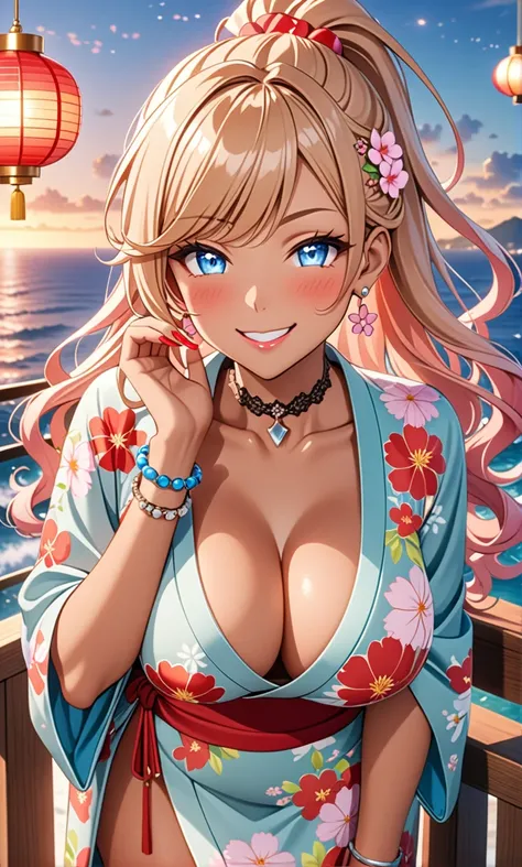 ultra-detailed, ((one girl)), (tanned skin gyaru:1.2),  hyper detailed, absurdres, 8K, Beautiful Face, (Laugh shyly), ((teasing smile:1.8)), (tan skin:1.3),((Wink:1.7)), (Laugh with your mouth wide open),((Tilt your head:1.6)), View your viewers, ((Bright ...