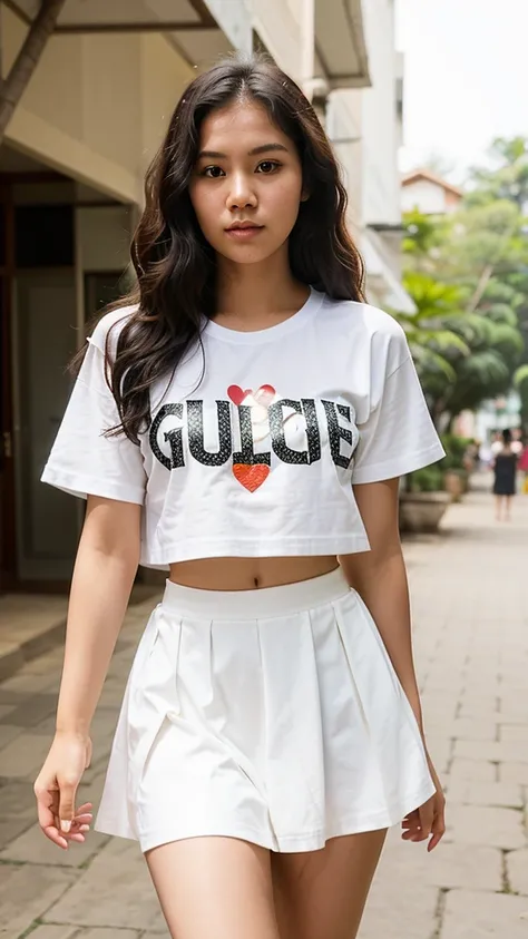 generate me a picture of a Cambodia women who 22 years old small waist and have a beautiful face and black curly hair and her weight is 48 kilogram wearing white gucci t shirt and short skirt