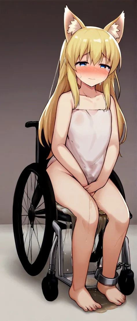 Anime. 1 girl. Baby. Kitsune. Blonde. Long hair. Blue eyes. Beautiful eyes. Perfect eyes. Expressive eyes. Ideal face. Ideal anatomical body. Beautiful long legs. Beautiful body. Beautiful nose. Fox ears. Foxs tail. 12 years old. Embarrassment. Blush. Beau...