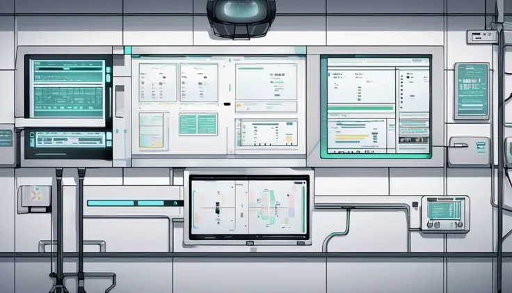 Wall close-up photography,　Take a photo straight-on facing the wall.　 A futuristic clinic features monitors displaying medical and chemical data.。Bright spot with white walls, Scientific research, The camera is parallel