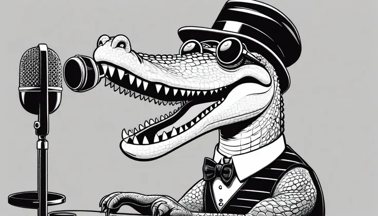 
Cartoon style 
crocodile sings a song into a microphone. 
he wears sunglasses.
monochrome
The microphone is a large retro one and a stand type
Put on your sunglasses
Small top hat