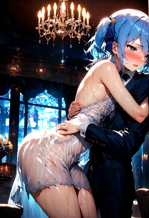 NSFW,masterpiece,Highest quality,High resolution,Super detailed,Star Town Suisei(Hololive),Blue Hair,One Side Ponytail,Blue Eyes,Small breasts,(High-quality white see-through dress),Estrus,A tense face,blush,(Sweat),Luxurious Room,Party Venue,chandelier,(M...