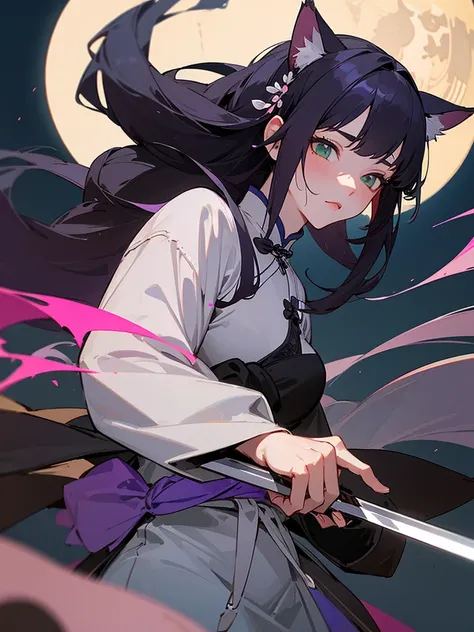 Masterpiece, Best, Night, Full Moon, 1 Female, Mature Woman, Chinese Style, Ancient China, Elder Sister, Royal Sister, Cold Face, Expressionless, purple Long Haired Woman, Light Pink Lips, Calm, Intellectual, Three Bangs, Gray Hitomi, Assassin, Long Sword,...