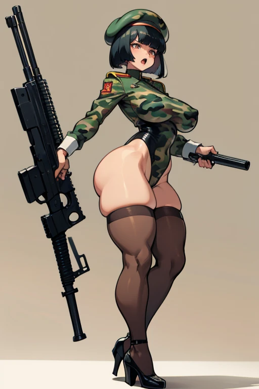  thick hips,  thick thighs, platform heels, high cut leotard, huge breast, thin waist, bob cut hair, weapon, tanned skin, gun, angry look,  scream, thick body, fitness, stockings, beret, military camouflage, 