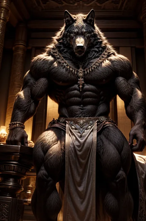 male, semen, black wolf, (furry body,) black body, high quality, realistic, muscular, massive, shrine, sacred, furry, masterpiece, (full nude, Stick out penis., Luxurious black loincloth, Luxury accessories, erection under cloth,) 