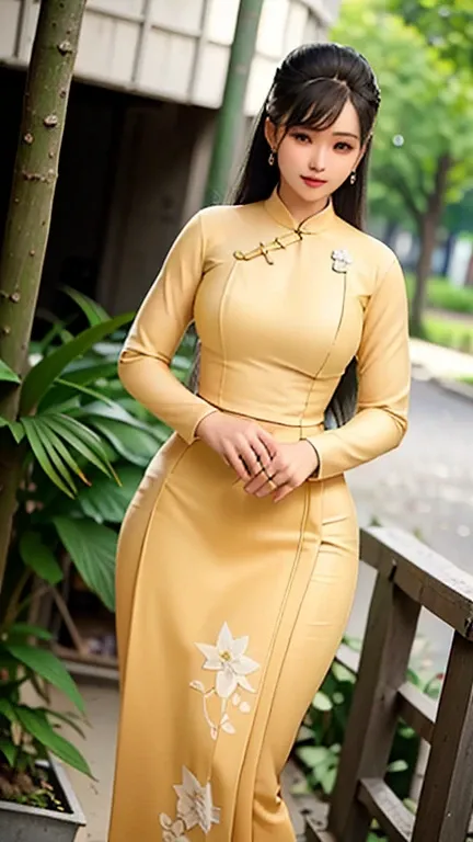 a beautiful girl in vintage colors aodai , masterpiece, best quality, realistic:1.3, street, holding bundle of flowers, yellow dress, sunlight, backlighting, artstation, intricate details, vignettThe owner of an attractive body outline and high hips3d 4k