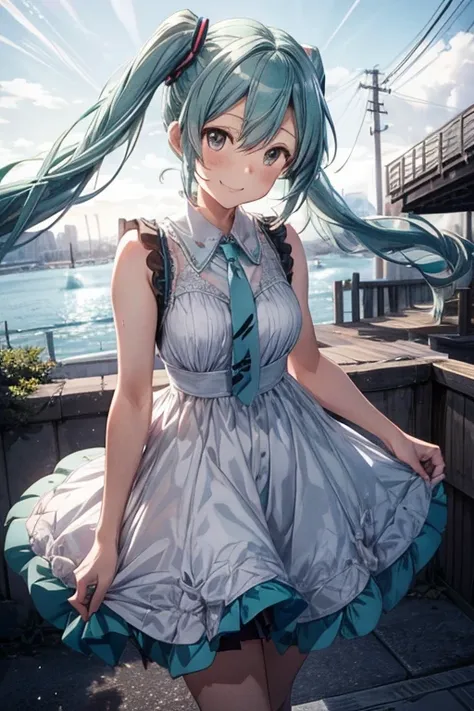 The background is Shinkai Seikaze、Hatsune Miku, a mature girl with a Minato-ku vibe, wearing a white dress、Smiling from a distance, a little sexy、From the top of the angle、A little more adult