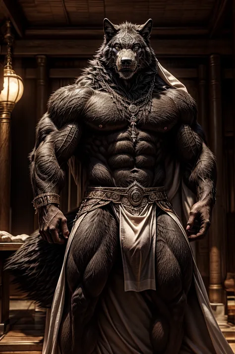 male, semen, black wolf, (furry body,) black body, high quality, realistic, muscular, massive, shrine, sacred, furry, masterpiece, (full nude, Stick out penis., Luxurious black loincloth, Luxury accessories, erection under cloth,) 