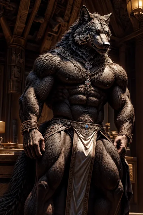 male, semen, black wolf, (furry body,) black body, high quality, realistic, muscular, massive, shrine, sacred, furry, masterpiece, (full nude, Stick out penis., Luxurious black loincloth, Luxury accessories, erection under cloth,) 