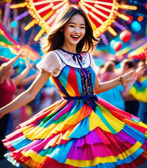 candid photo of a girl wearing a sweetop dress, dancing in a vibrant carnival setting, bathed in colorful, dynamic lighting from the festivities, shot from a slightly low angle to capture the excitement and joy, creating a whimsical and lively atmosphere. 