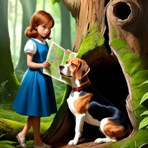 Draw a girl with brown hair and a blue dress, along with a brown and white beagle dog, finding an old map inside a hollow tree in a lush green forest. hd natural colors