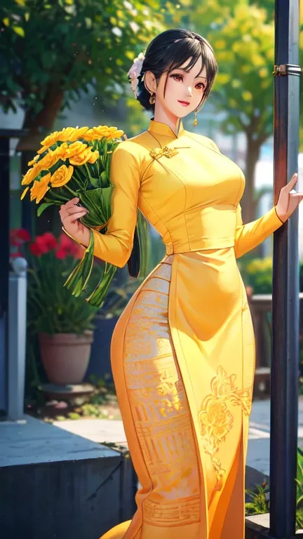 a beautiful girl in vintage colors aodai , masterpiece, best quality, realistic:1.3, street, holding bundle of flowers, yellow dress, sunlight, backlighting, artstation, intricate details, vignettThe owner of an attractive body outline and high hips3d 4k