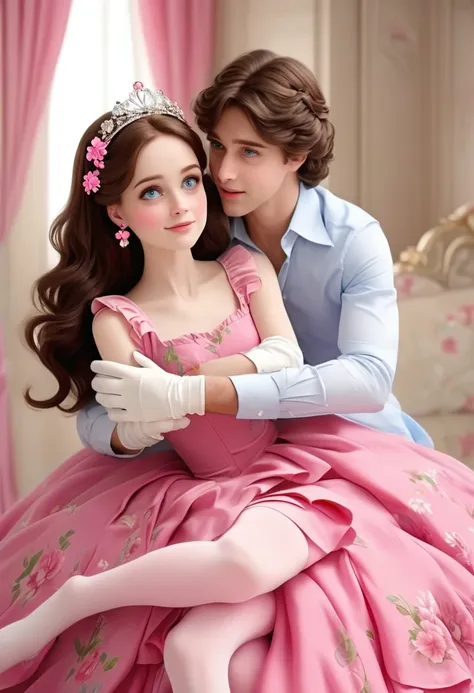 (Style-Princess) (1 man, 1 catgirl) (hetero, couple) (crossdressing, fully clothed) (brown hair, blue eyes) (portrait) (womens clothes only) (womens beautifully feminine skintight velvet floral print frilly girly pink adorable ballet leotards) (white opaqu...