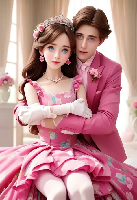 (Style-Princess) (1 man, 1 catgirl) (hetero, couple) (crossdressing, fully clothed) (brown hair, blue eyes) (portrait) (womens clothes only) (womens beautifully feminine skintight velvet floral print frilly girly pink adorable ballet leotards) (white opaqu...