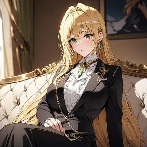 ((Highest quality)), ((masterpiece)), (detailed), （Perfect Face）、The woman is a thief with green eyes and medium-long blonde hair. She is wearing a luxurious black skirt-type suit with gold embroidery and trim, a luxurious and elegant white blouse with fri...