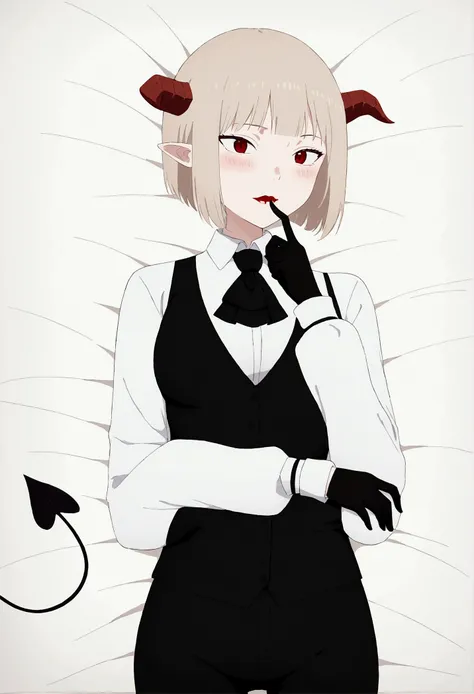 work of art, best qualityer, high resolution, 1girl horns short hair demon tail, white shirt black ascot black gloves black pants black vest lying on your back, sheet, ,blushed,face red,finger her mouth,finger our lips
