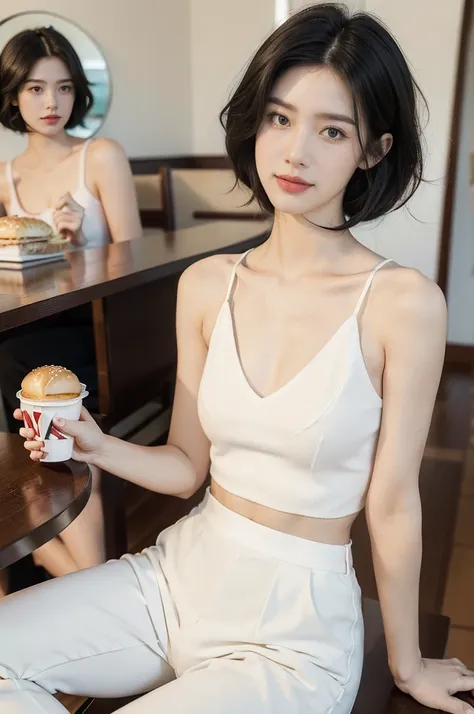 (((best quality))),(((ultra detailed))),(((masterpiece))),illustration,((1girl,solo)),(straight black bob hair:1.2),((slim,thin)),((small breasts,flat chest)),sitting,(in KFC:1.3), (burgers on the table:1.3),((white collared shirt, white strap tank top, wh...