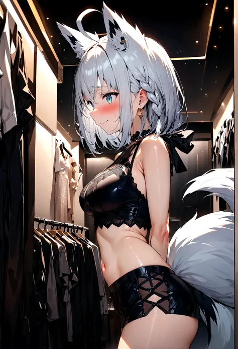 NSFW,masterpiece,Highest quality,High resolution,Super detailed,Shirakami Fubuki(Hololive),Gray Hair、One-sided braid、Ahoge、Earrings,Fox ears,Fox tail,Jacket,Crop top shirt,Shorts,Embarrassed,blush,Expecting face,Seduce,smile,Lingerie Shop,Underwear section...