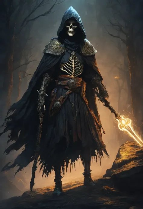 a skeletal necromancer wearing a tattered cloak with a hood, a magical spear made of bone in one hand, wearing a medallion with an eye, detailed skeletal face, detailed skeletal hands, dark fantasy, dramatic lighting, moody atmosphere, cinematic, intricate...