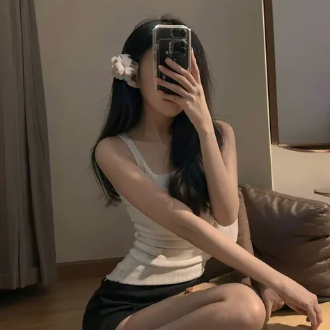 Selfie photos，Mobile phone mirror selfie，indoor，Inside the room，A beautiful beautiful Asian woman，Realistic fair skin color，156 cm，46KG,34C cupz Her mid-length hair is loose and lazy around her shoulders，Wearing a close-fitting white low-cut short-sleeved ...