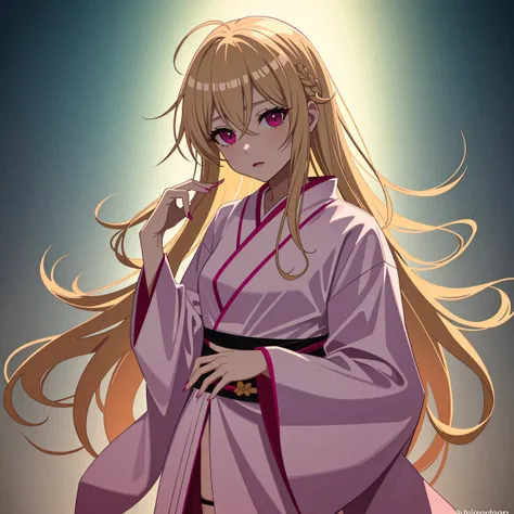 adult woman, pink eyes, long blonde hair, sexy short kimono