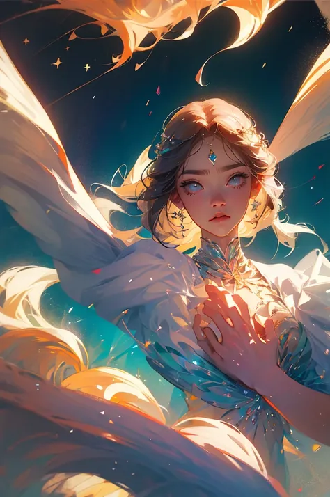 Semi-realistic anime photos, high quality, Fairies falling from the sky, Translucent with colorful glitter, White Dress, Symmetrical face, Golden Hour, soft, Concentration, Very detailed, Surreal, Dramatic lighting, elegant, Complex, コンセプトart, art：WLOP, Ma...