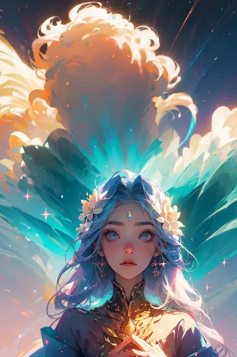 Semi-realistic anime photos, high quality, Fairies falling from the sky, Translucent with colorful glitter, White Dress, Symmetrical face, Golden Hour, soft, Concentration, Very detailed, Surreal, Dramatic lighting, elegant, Complex, コンセプトart, art：WLOP, Ma...