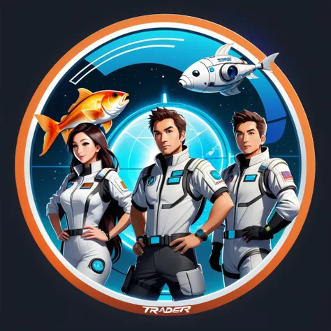 trader , forex , Space Station Zero, sci-fi, futuristic, group shot, space fish team, action pose, t-shirt design, anime style, cartoon, logo, vector graphic, simple and smooth, no background, circle outline