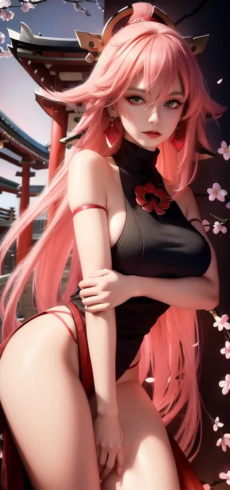 (Masterpiece, Excellent, 1girl, solo, complex details, color difference), realism, ((medium breath)), off-the-shoulders, large breasts, sexy, Yae Miko, long pink hair, red headdress, red highlight, hair above one eye, green eyes, earrings, sharp eyes, perf...