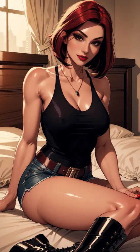 woman 30 years old, bob cut red hair, (The best quality, Masterpiece: 1.1), (fidelity: 1.4), (SFW: 1.5),(hotel bedroom, with tableright lip gloss, red lipstick, many eyelashes, dark black eyeshadow), lascivious look, lascivious smile, Ruboroso, high qualit...