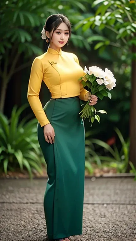 a beautiful girl in vintage colors aodai , masterpiece, best quality, realistic:1.3, street, holding bundle of flowers, yellow dress, sunlight, backlighting, artstation, intricate details, vignettThe owner of an attractive body outline and high hips3d 4k