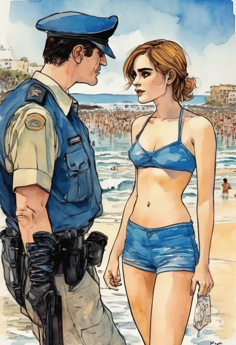 Emma Watson, on the beach in her blue bikini, watercolors in the style of Milo Manara, talking to a French policeman