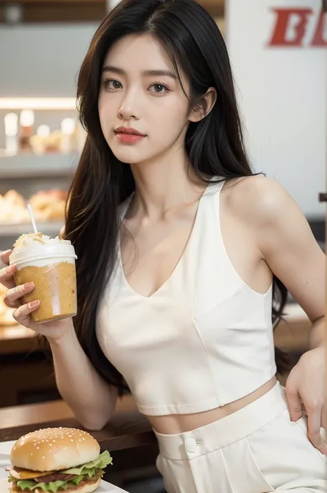 (((best quality))),(((ultra detailed))),(((masterpiece))),illustration,((1girl,solo)),(straight black bob hair:1.2),((slim,thin)),((small breasts,flat chest)),sitting,(in KFC:1.3), (burgers and drink on the table:1.2),((white collared shirt, white strap ta...