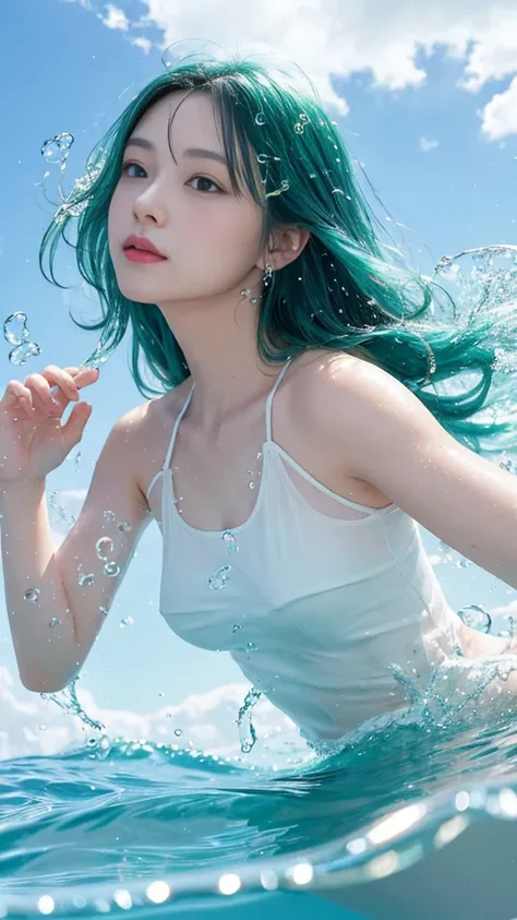 No human, only water bubbles,Clear focus、high-definition picture、realphoto、natural soft light 、white clouds、Sunset、blue open sky、、water bubbles、Fine Form、Expressing the flow of water、brilliance、emerald green、Beautiful images ,