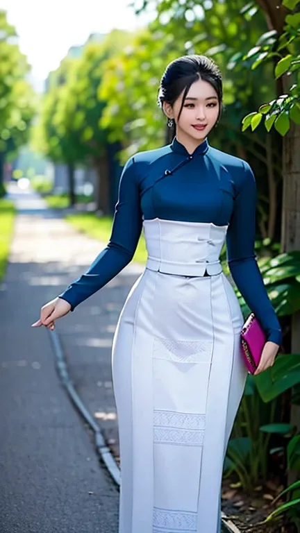 a beautiful girl in vintage colors aodai , masterpiece, best quality, realistic:1.3, street, holding bundle of flowers, blue+black dress, sunlight, backlighting, artstation, intricate details, vignettThe owner of an attractive body outline and high hips3d ...